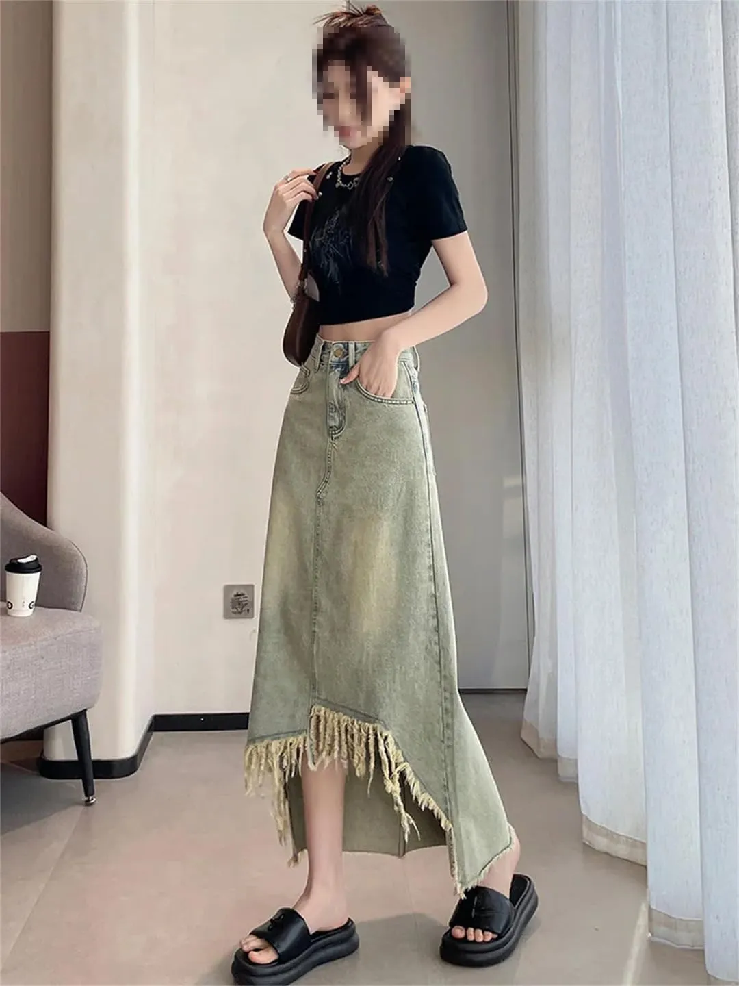 Women's Distressed Fringed Asymmetrical Denim Skirt with Pockets High Waisted Casual Irregular Jeans Skirt