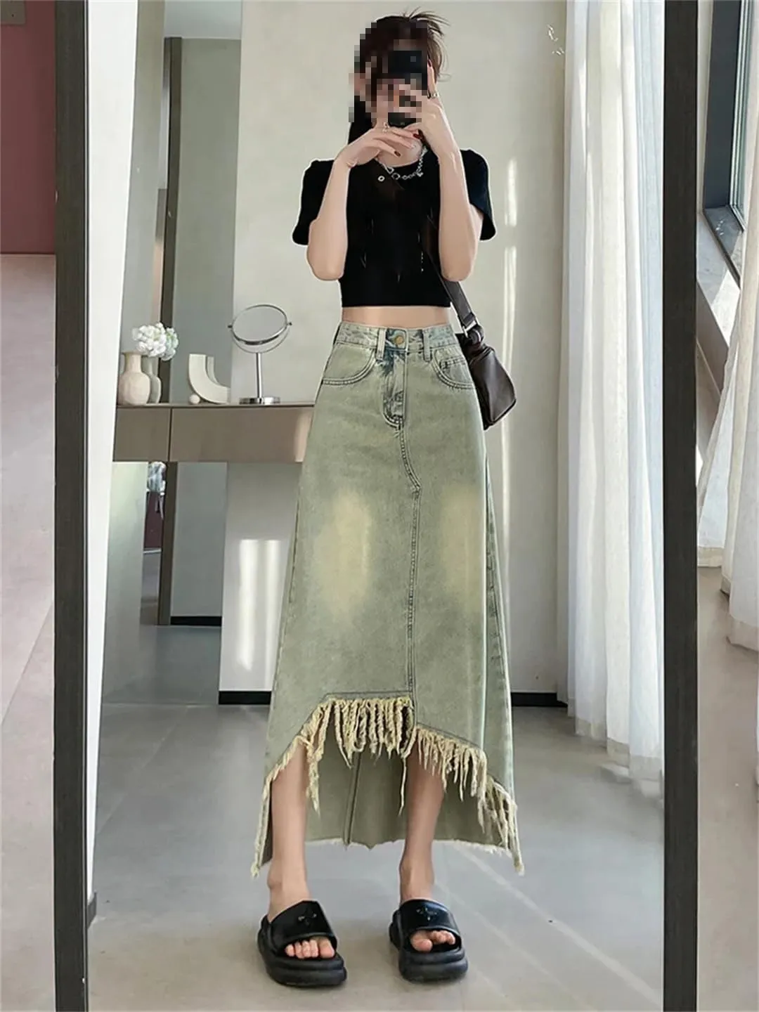 Women's Distressed Fringed Asymmetrical Denim Skirt with Pockets High Waisted Casual Irregular Jeans Skirt