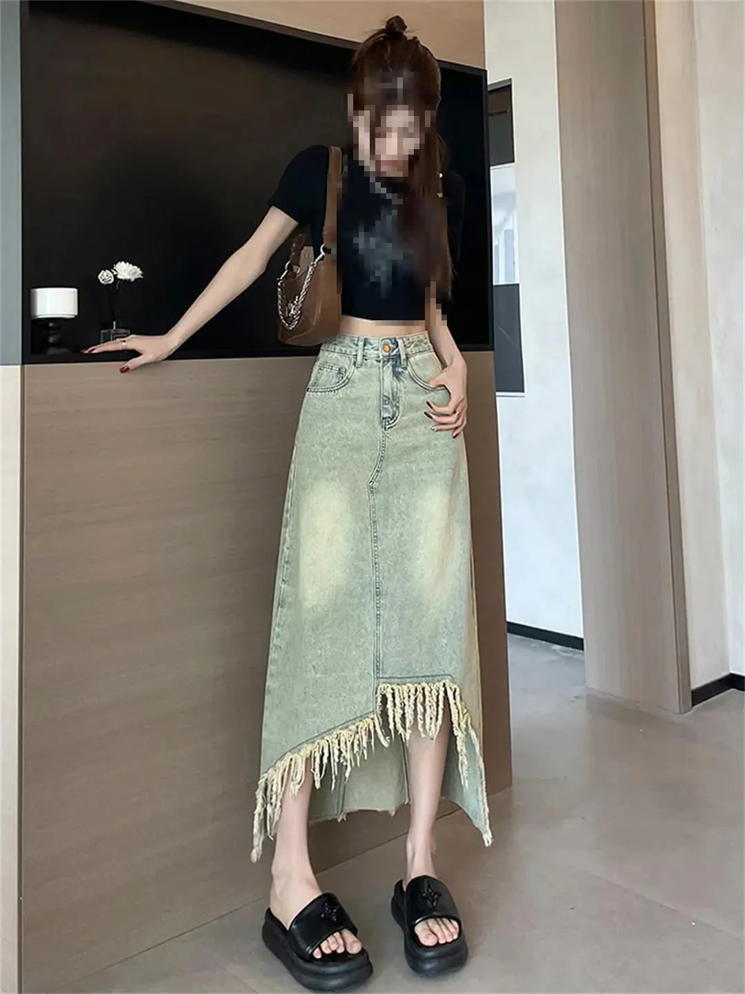 Women's Distressed Fringed Asymmetrical Denim Skirt with Pockets High Waisted Casual Irregular Jeans Skirt