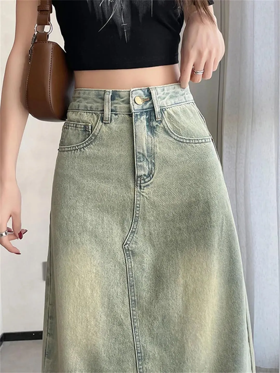 Women's Distressed Fringed Asymmetrical Denim Skirt with Pockets High Waisted Casual Irregular Jeans Skirt