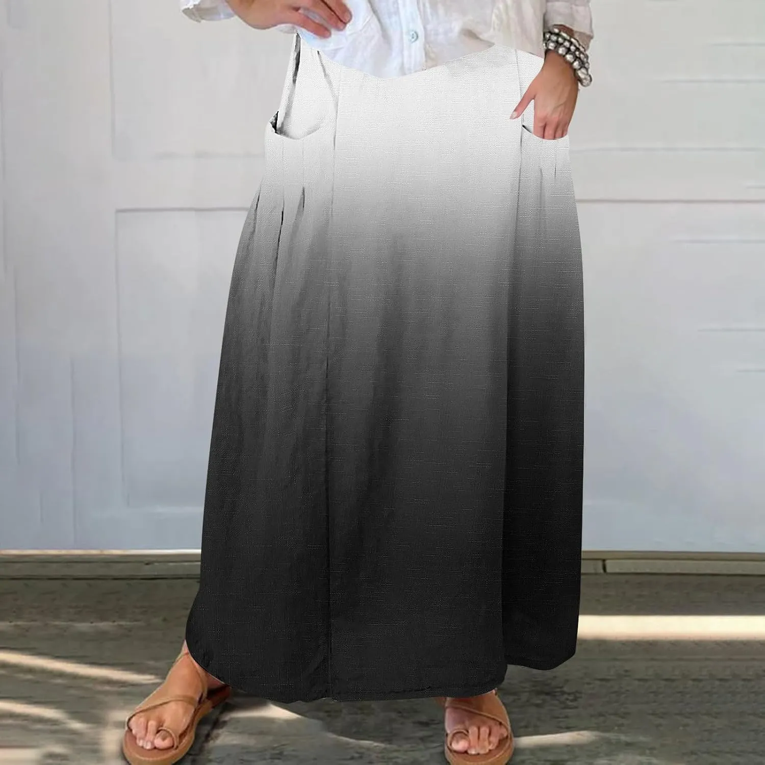 Women's Elastic High Waist Skirts Plus Size Tie-dye Gradient Color Block A-Line Pleated Long Maxi Skirts with Pocket