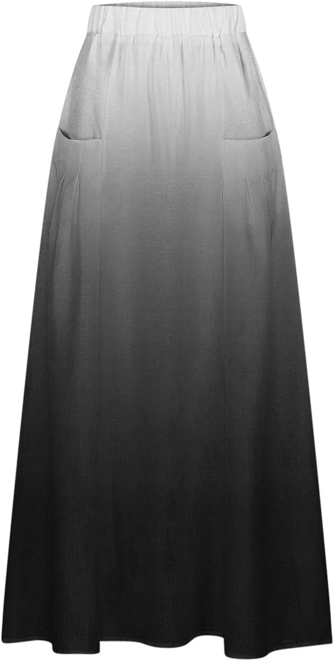 Women's Elastic High Waist Skirts Plus Size Tie-dye Gradient Color Block A-Line Pleated Long Maxi Skirts with Pocket