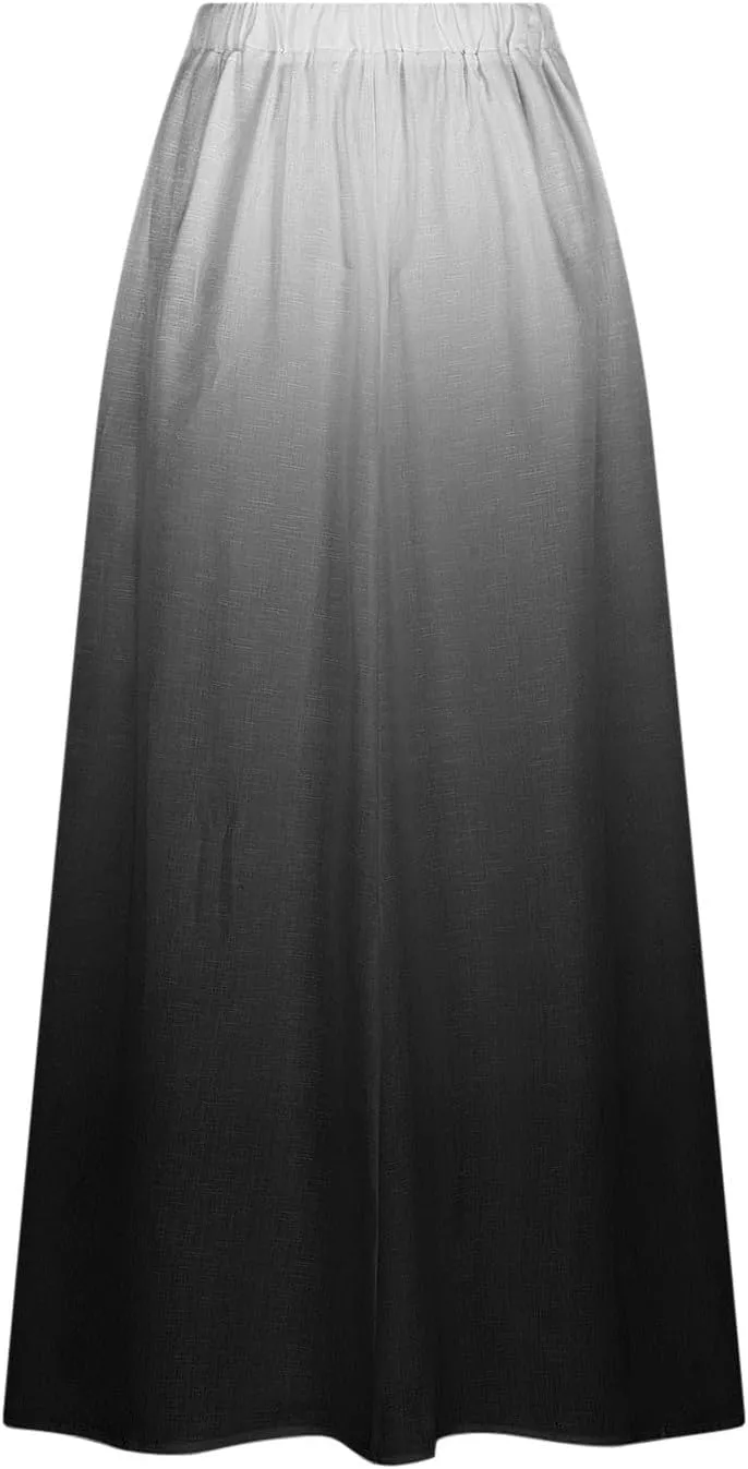 Women's Elastic High Waist Skirts Plus Size Tie-dye Gradient Color Block A-Line Pleated Long Maxi Skirts with Pocket