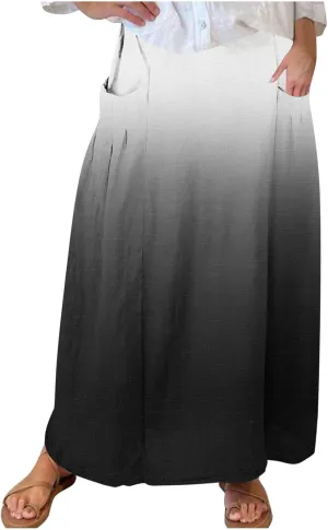Women's Elastic High Waist Skirts Plus Size Tie-dye Gradient Color Block A-Line Pleated Long Maxi Skirts with Pocket