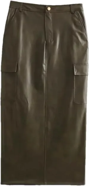 Womens Faux Leather Midi Skirt High Waist Long Slit Pleated Skirts
