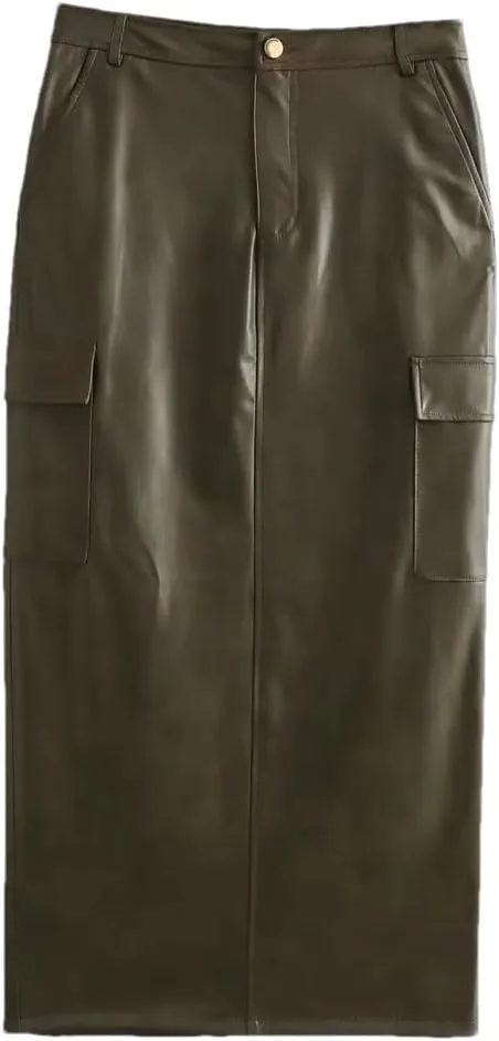 Womens Faux Leather Midi Skirt High Waist Long Slit Pleated Skirts