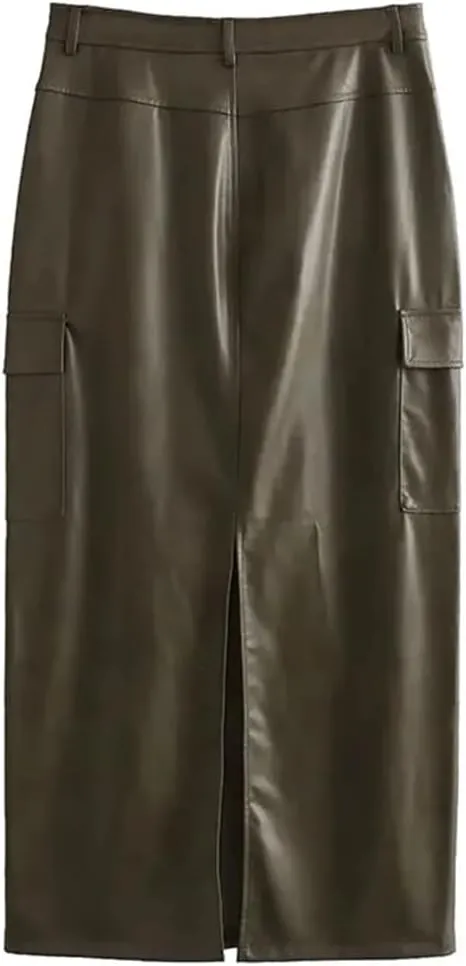 Womens Faux Leather Midi Skirt High Waist Long Slit Pleated Skirts