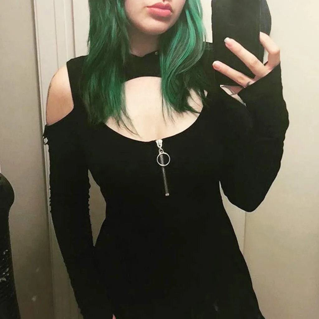 Women's Fit and Flare Style Fashion Gothic Pure Color Hooded Low Cut Cold Shoulder Zippe Mini Dress