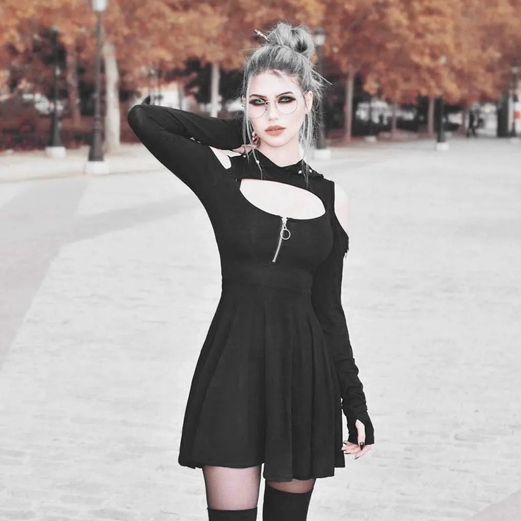 Women's Fit and Flare Style Fashion Gothic Pure Color Hooded Low Cut Cold Shoulder Zippe Mini Dress