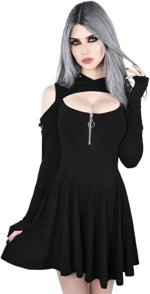 Women's Fit and Flare Style Fashion Gothic Pure Color Hooded Low Cut Cold Shoulder Zippe Mini Dress