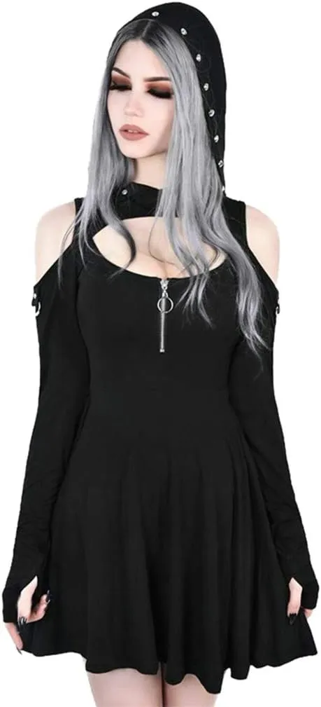Women's Fit and Flare Style Fashion Gothic Pure Color Hooded Low Cut Cold Shoulder Zippe Mini Dress
