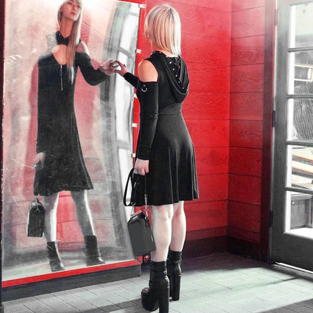 Women's Fit and Flare Style Fashion Gothic Pure Color Hooded Low Cut Cold Shoulder Zippe Mini Dress