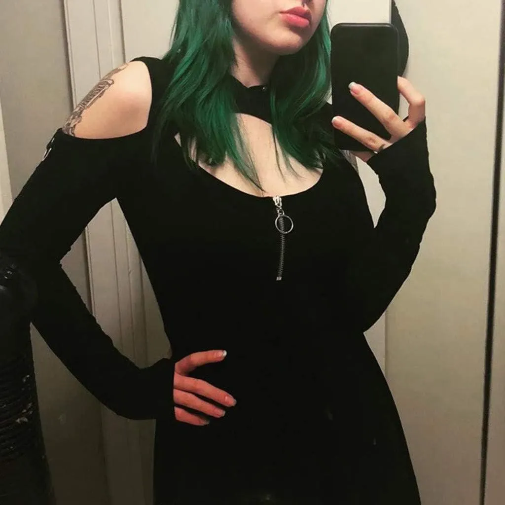 Women's Fit and Flare Style Fashion Gothic Pure Color Hooded Low Cut Cold Shoulder Zippe Mini Dress