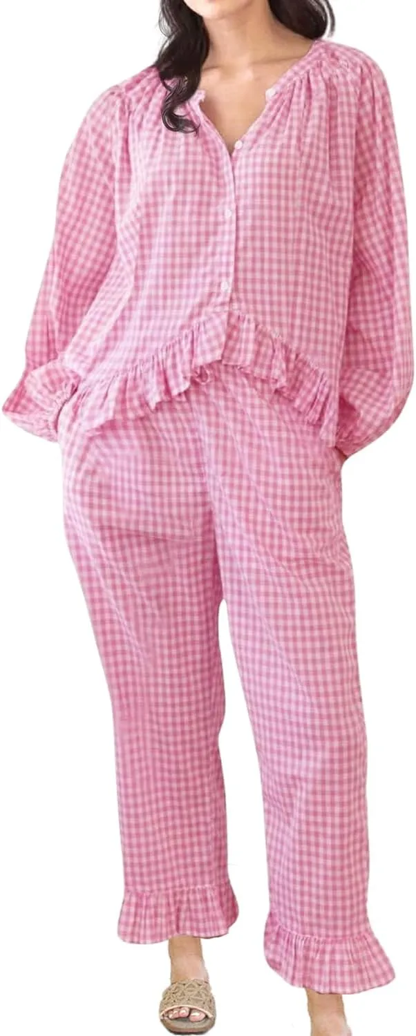 Womens Gingham Pajama Set 2 Piece Long Sleeve Babydoll Shirt and Pants Matching Lounge Set Fall Outfits