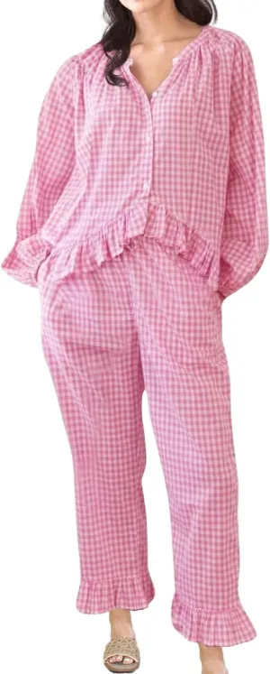 Womens Gingham Pajama Set 2 Piece Long Sleeve Babydoll Shirt and Pants Matching Lounge Set Fall Outfits