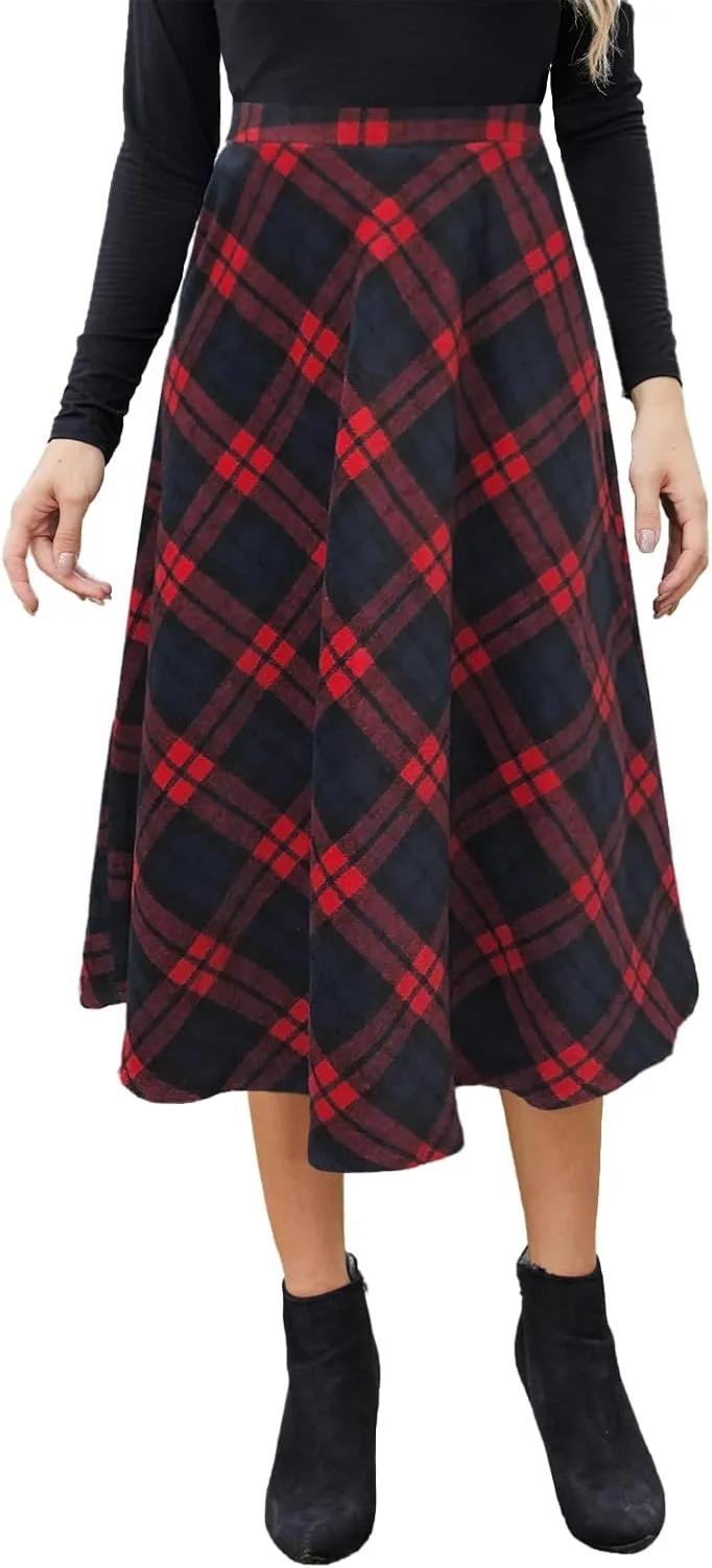 Womens High Waist Casual Pleated A-line Midi Skirt Elastic Waist with Pocket for Women