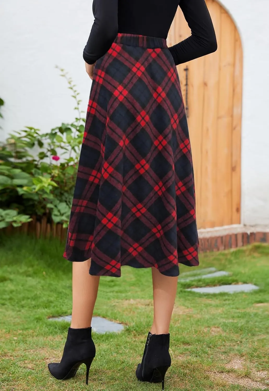 Womens High Waist Casual Pleated A-line Midi Skirt Elastic Waist with Pocket for Women