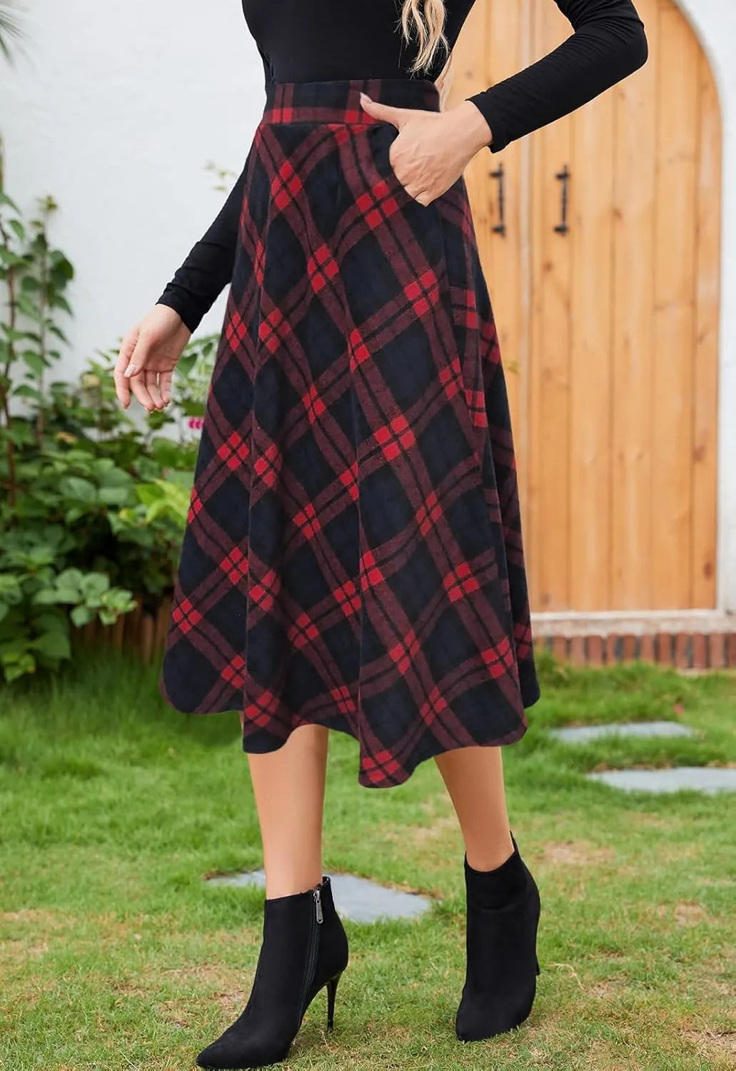 Womens High Waist Casual Pleated A-line Midi Skirt Elastic Waist with Pocket for Women