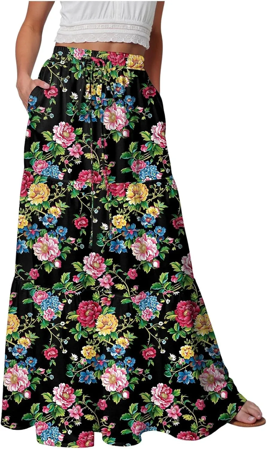 Womens High Waist Maxi Skirt Midi Swing Skirts Beach Vacation Cruise Outfits with Pockets