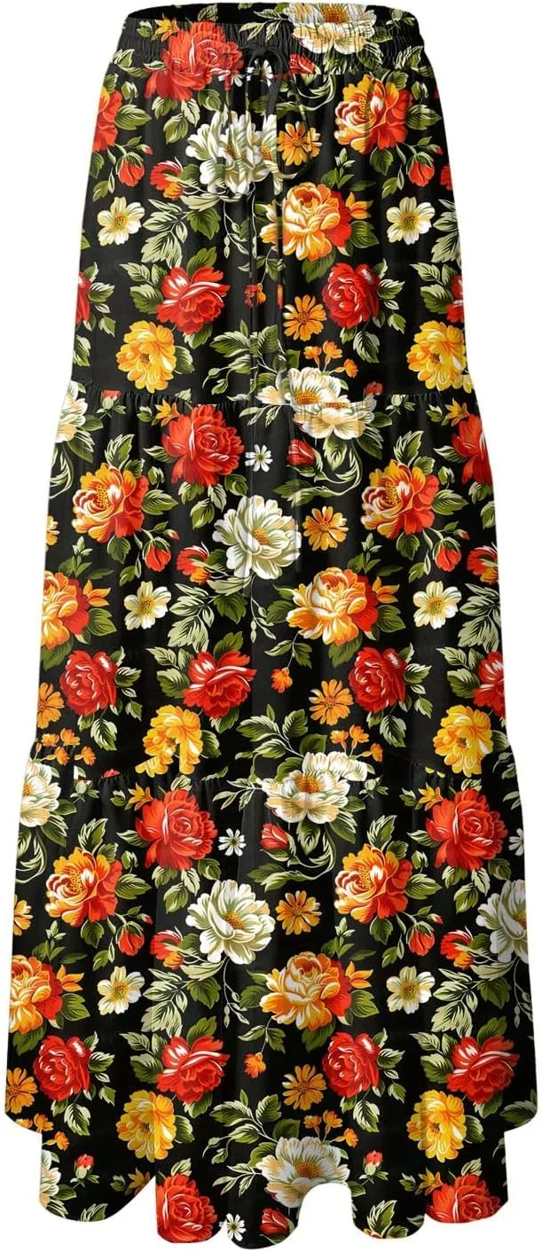 Womens High Waist Maxi Skirt Midi Swing Skirts Beach Vacation Cruise Outfits with Pockets
