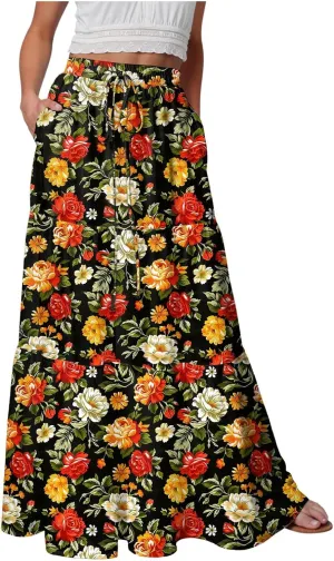 Womens High Waist Maxi Skirt Midi Swing Skirts Beach Vacation Cruise Outfits with Pockets