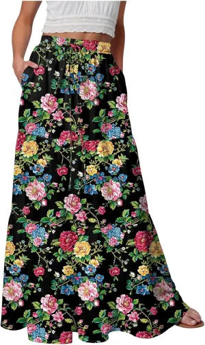 Womens High Waist Maxi Skirt Midi Swing Skirts Beach Vacation Cruise Outfits with Pockets