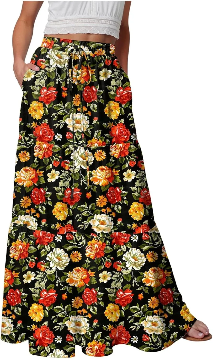 Womens High Waist Maxi Skirt Midi Swing Skirts Beach Vacation Cruise Outfits with Pockets
