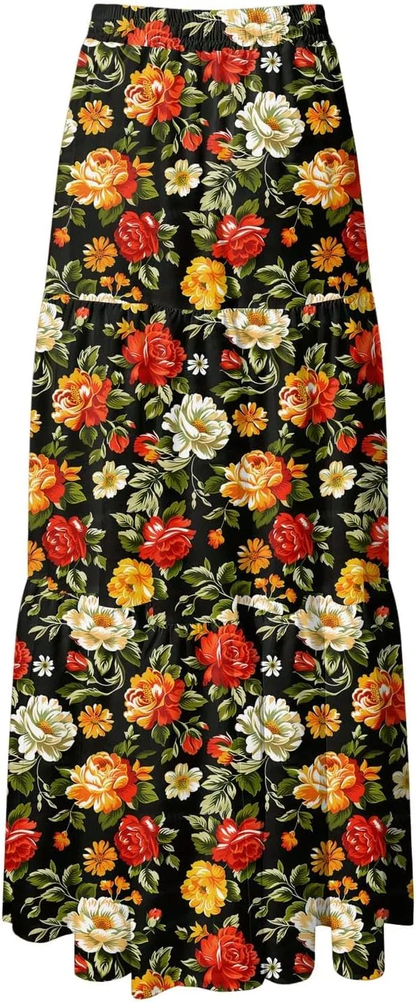 Womens High Waist Maxi Skirt Midi Swing Skirts Beach Vacation Cruise Outfits with Pockets