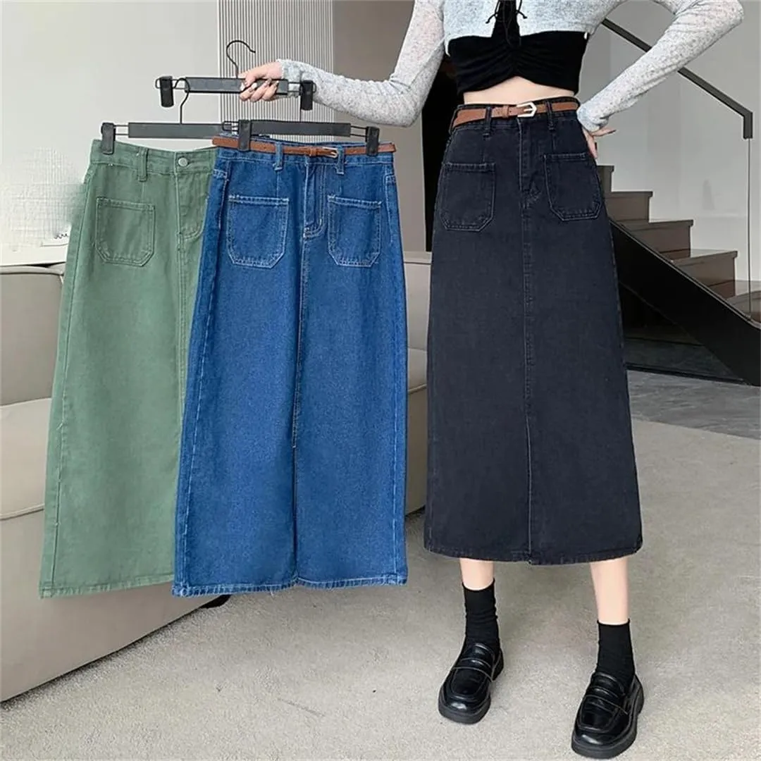 Women's High Waisted 4 Big Pockets Denim Skirt with Slit Solid Color Casual A-Line Midi Skirts