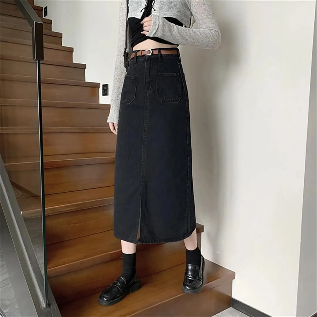 Women's High Waisted 4 Big Pockets Denim Skirt with Slit Solid Color Casual A-Line Midi Skirts