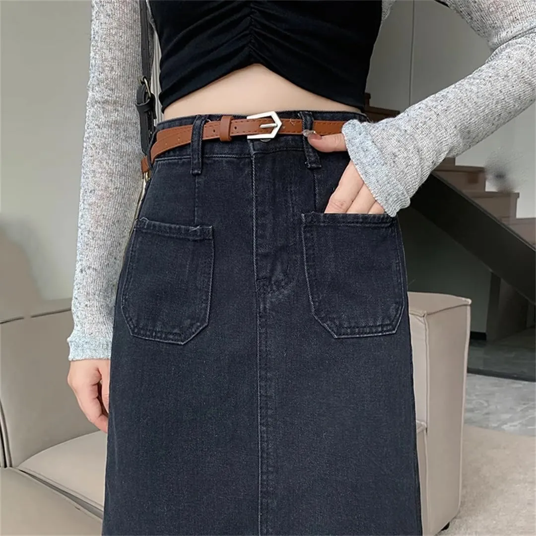 Women's High Waisted 4 Big Pockets Denim Skirt with Slit Solid Color Casual A-Line Midi Skirts