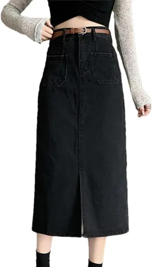 Women's High Waisted 4 Big Pockets Denim Skirt with Slit Solid Color Casual A-Line Midi Skirts