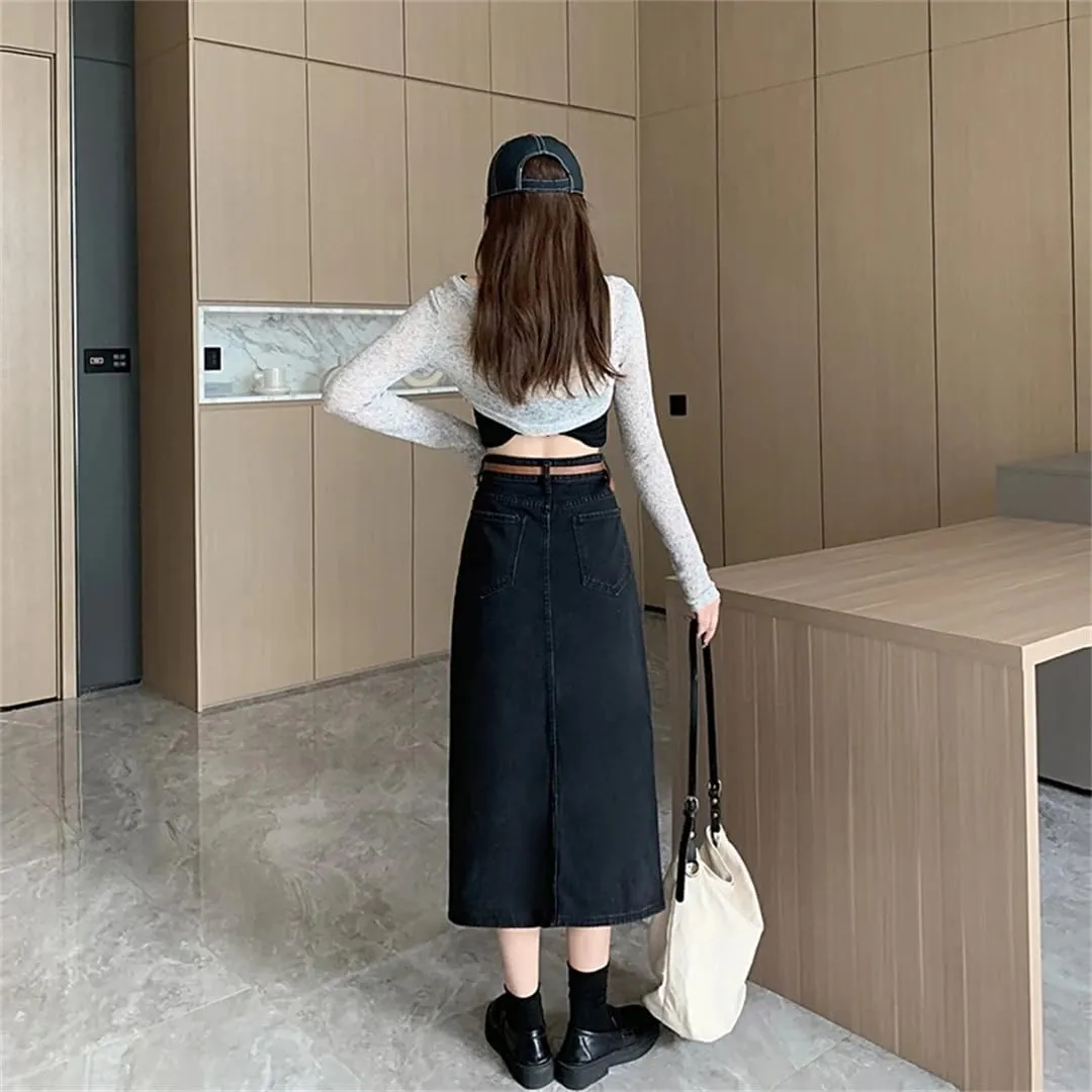 Women's High Waisted 4 Big Pockets Denim Skirt with Slit Solid Color Casual A-Line Midi Skirts