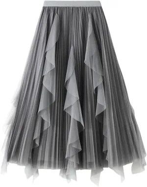 Women's High Waisted Ruffle Patchwork Gauze Skirt Mid-Length Pleated A-Line Midi Skirt