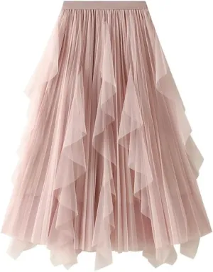Women's High Waisted Ruffle Patchwork Gauze Skirt Mid-Length Pleated A-Line Midi Skirt