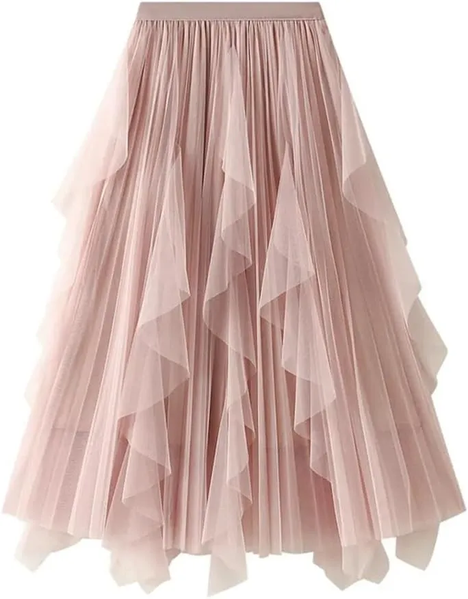 Women's High Waisted Ruffle Patchwork Gauze Skirt Mid-Length Pleated A-Line Midi Skirt