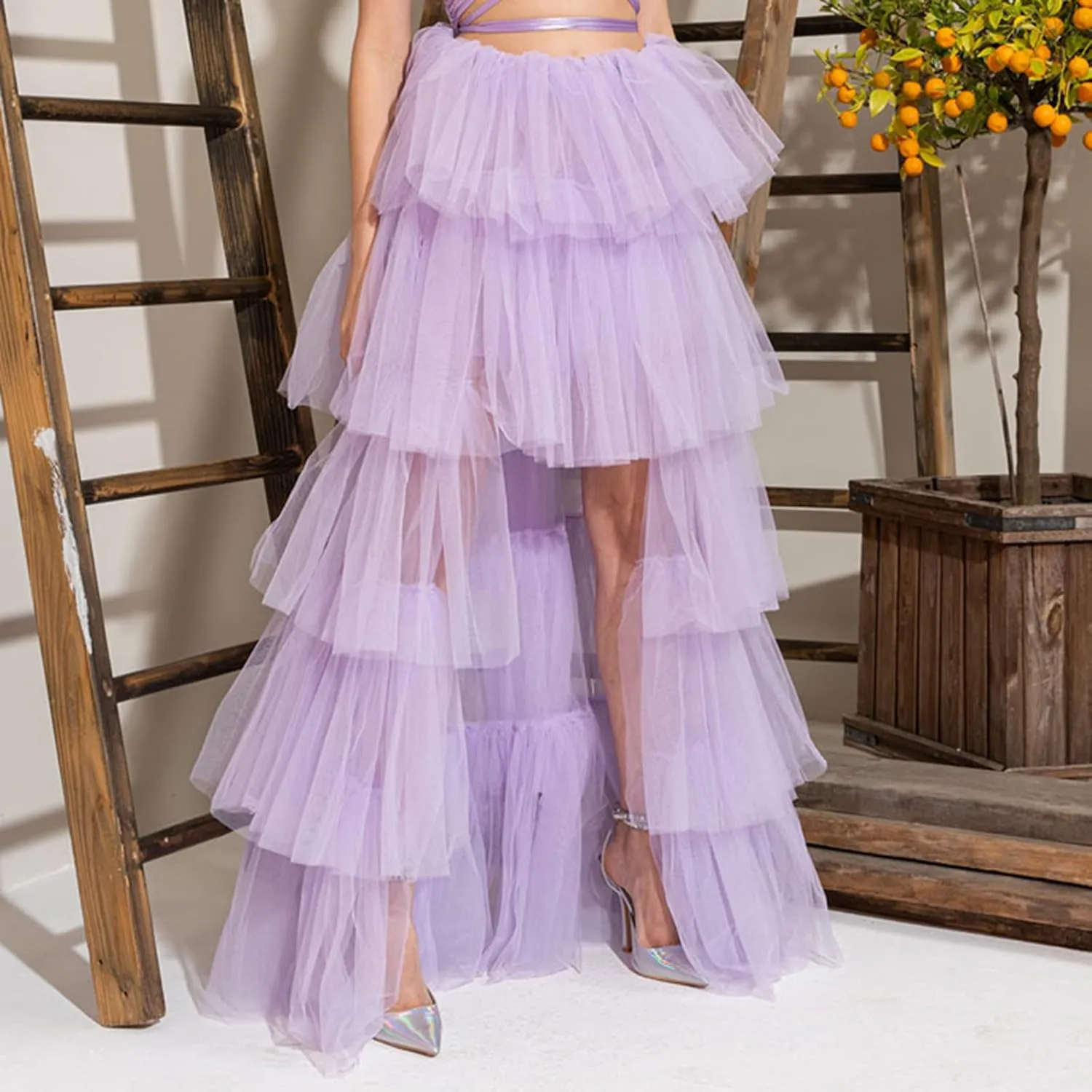 Women's Layered Tulle Long Skirt High Waist Maxi Skirt High Low Hem Tiered Long Skirts for Wedding Party Club