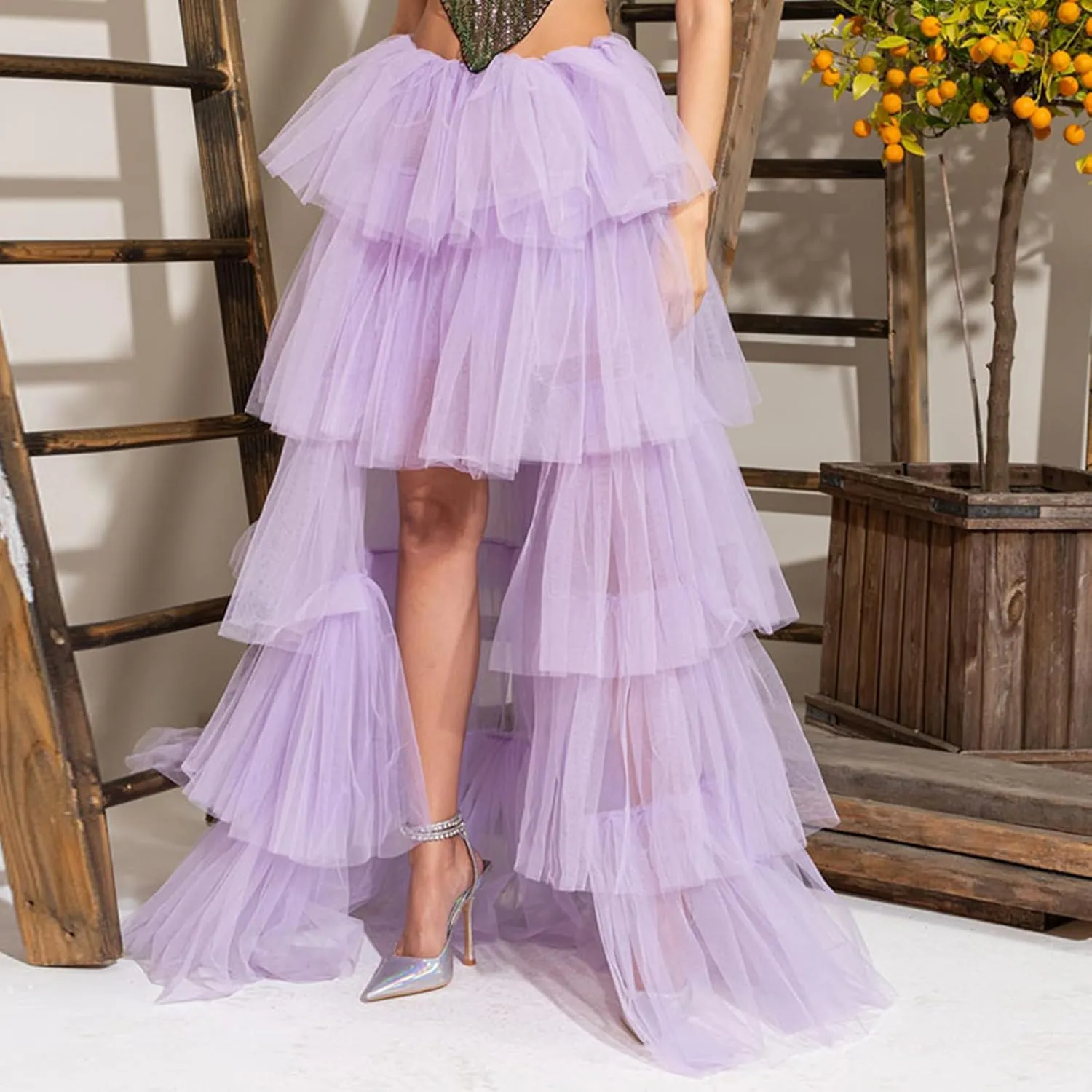 Women's Layered Tulle Long Skirt High Waist Maxi Skirt High Low Hem Tiered Long Skirts for Wedding Party Club