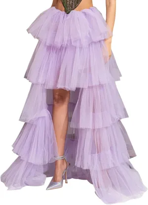 Women's Layered Tulle Long Skirt High Waist Maxi Skirt High Low Hem Tiered Long Skirts for Wedding Party Club