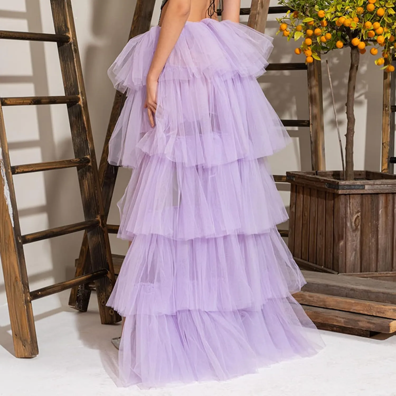 Women's Layered Tulle Long Skirt High Waist Maxi Skirt High Low Hem Tiered Long Skirts for Wedding Party Club