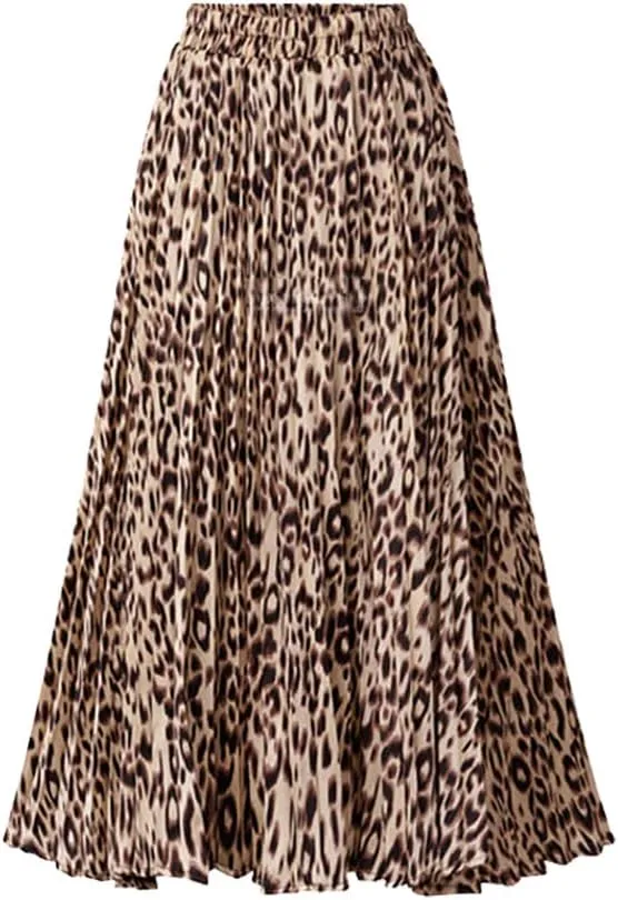 Women's Leopard Print Elastic Waist Pleated A-Line Midi Long Skirts