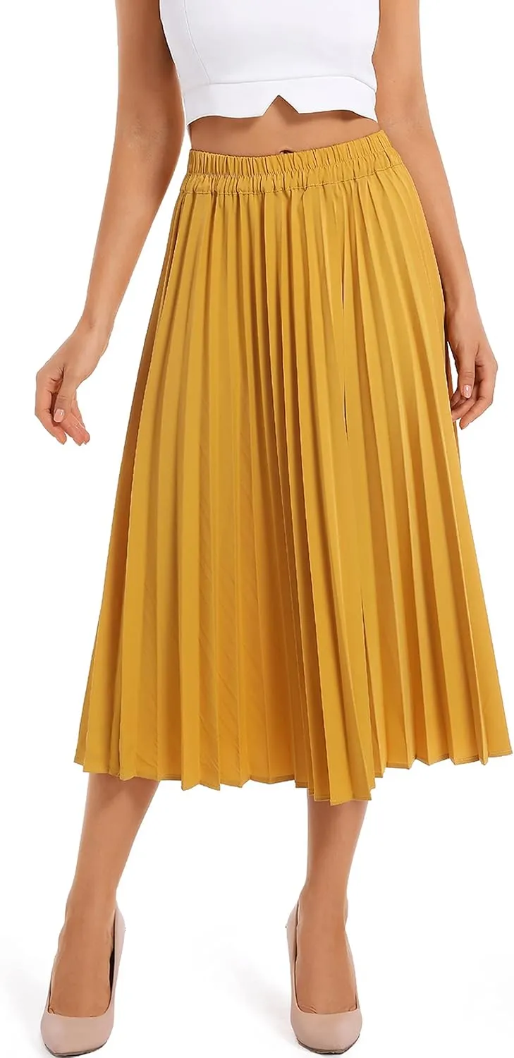 Women's Leopard Print Elastic Waist Pleated A-Line Midi Long Skirts