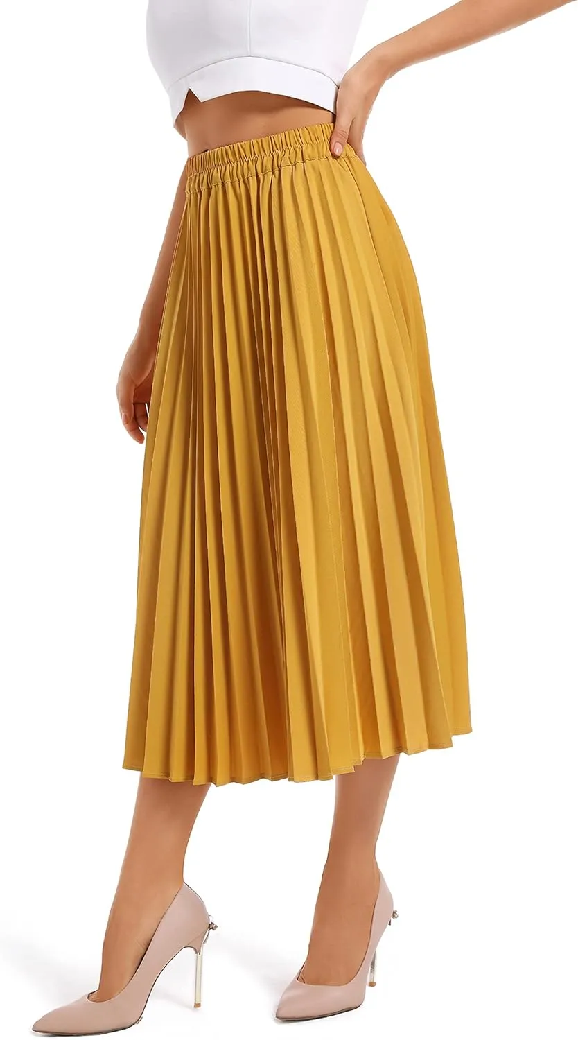 Women's Leopard Print Elastic Waist Pleated A-Line Midi Long Skirts