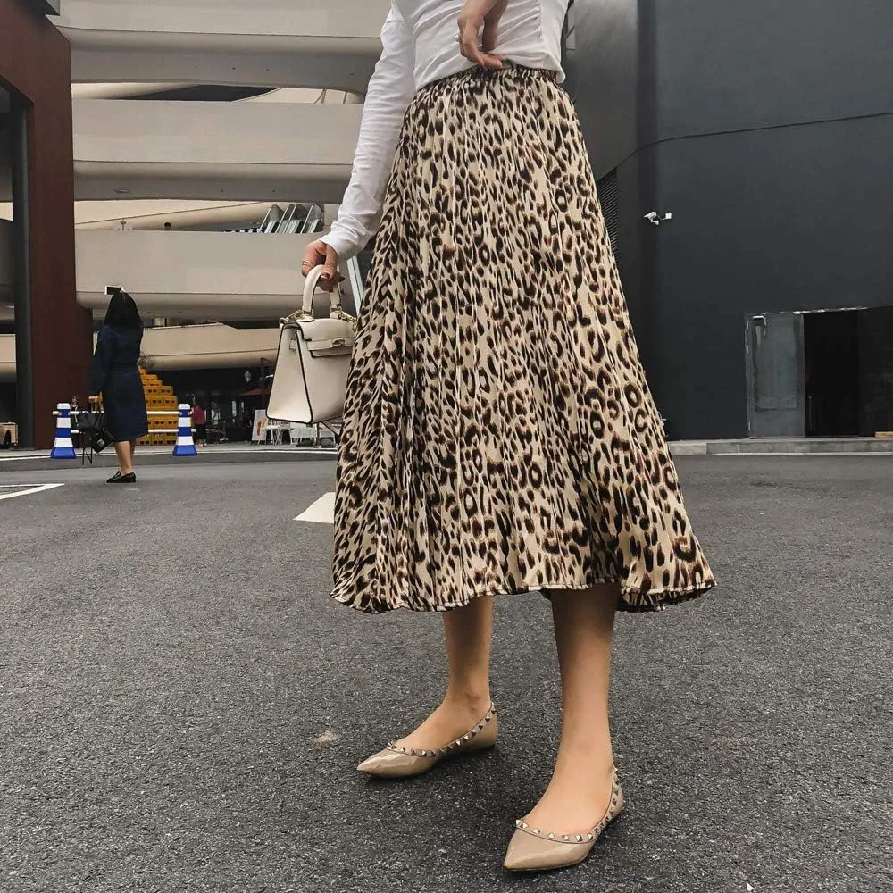 Women's Leopard Print Elastic Waist Pleated A-Line Midi Long Skirts