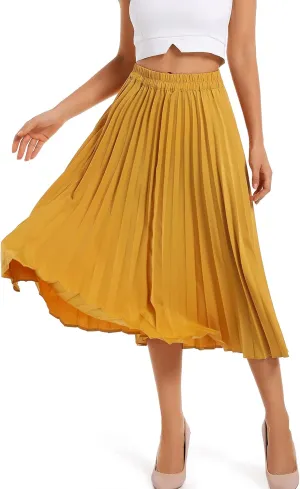 Women's Leopard Print Elastic Waist Pleated A-Line Midi Long Skirts