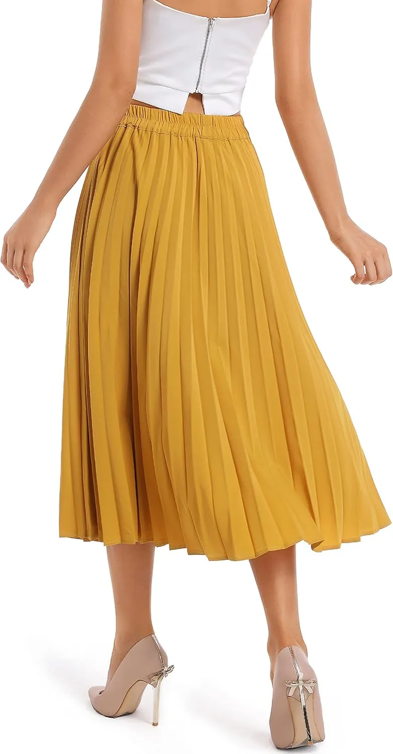 Women's Leopard Print Elastic Waist Pleated A-Line Midi Long Skirts