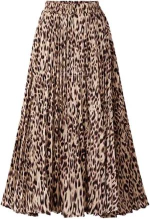 Women's Leopard Print Elastic Waist Pleated A-Line Midi Long Skirts