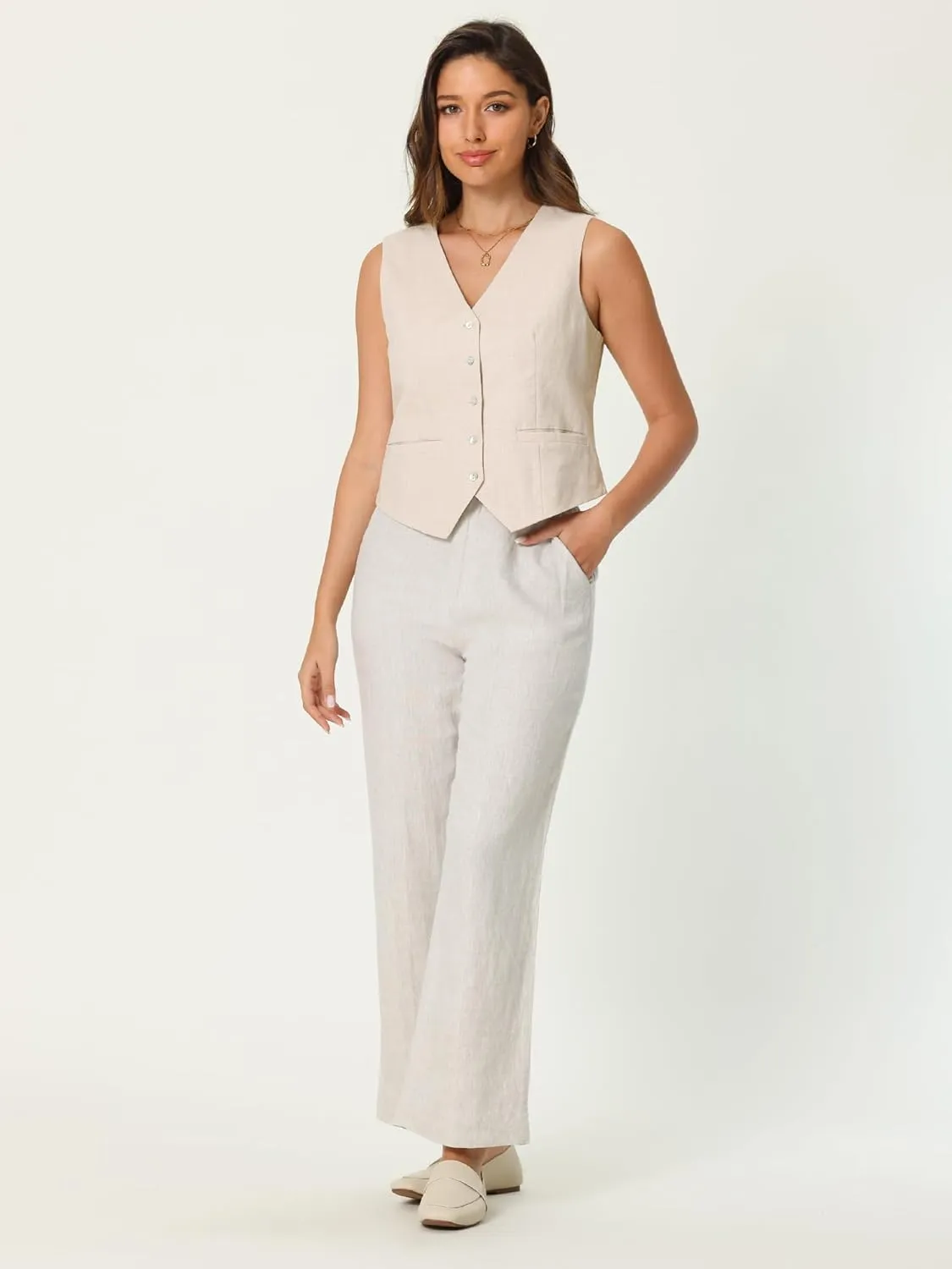 Women's Linen Vest Sleeveless Button Down V Neck Formal Business Waistcoat