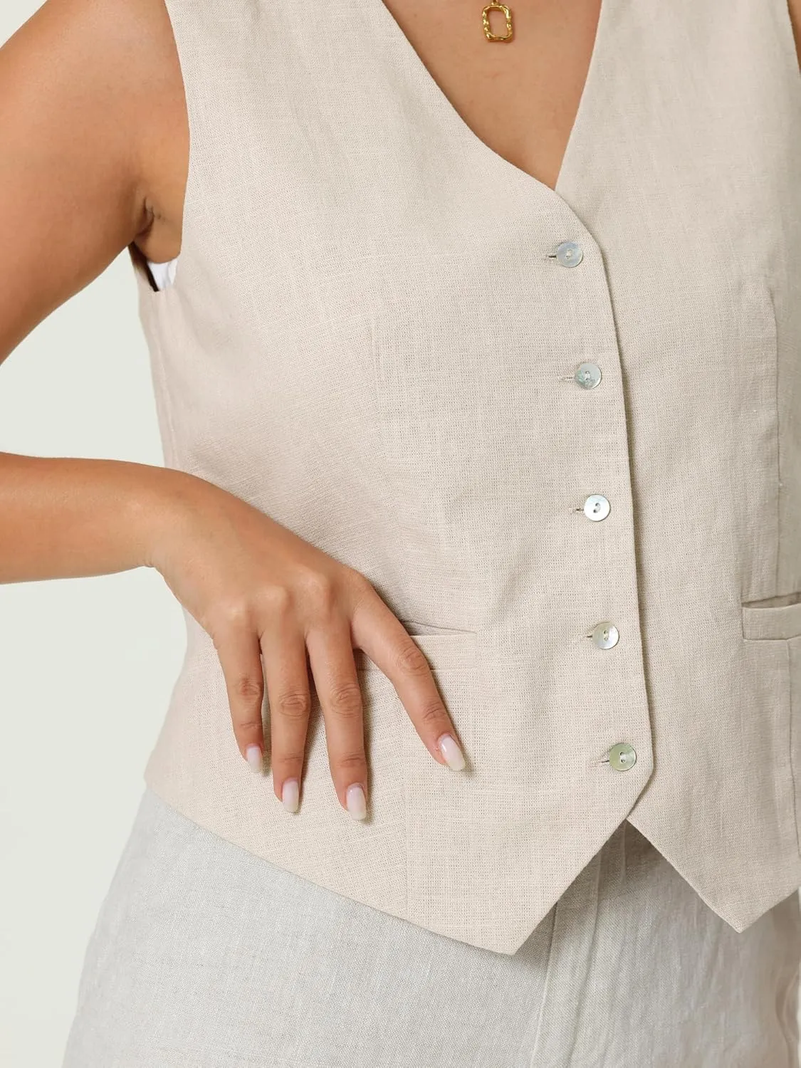 Women's Linen Vest Sleeveless Button Down V Neck Formal Business Waistcoat
