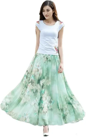 Women's Long Boho Skirts Summer Beach Floral Chiffon Skirt Vintage A-Line Maxi Pleated Skirt Plus Size